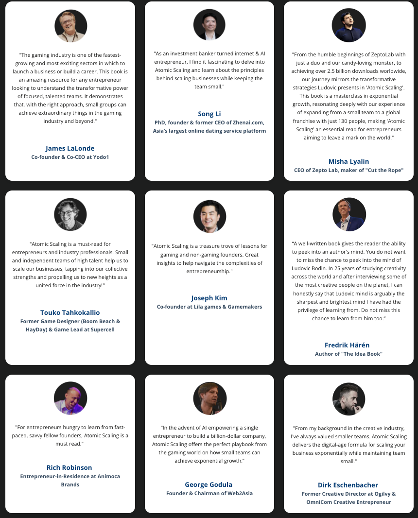 Endorsements from James LaLonde (Yodo1), Song Li (Zhenai), Misha Lyalin (ZeptoLab), Touko Tahkokallio (Supercell), Joseph Kim (Lila Games), Fredrik Haren, Rich Robinson (Animoca Brands), George Godula (Web2Asia) and Dirk Eschenbacher (Ogilvy)