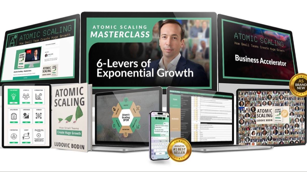 Everything included in the Atomic Scaling Masterclass — video masterclass, business accelerator, the Atomic Scaling book, playbook templates, app access and founder community