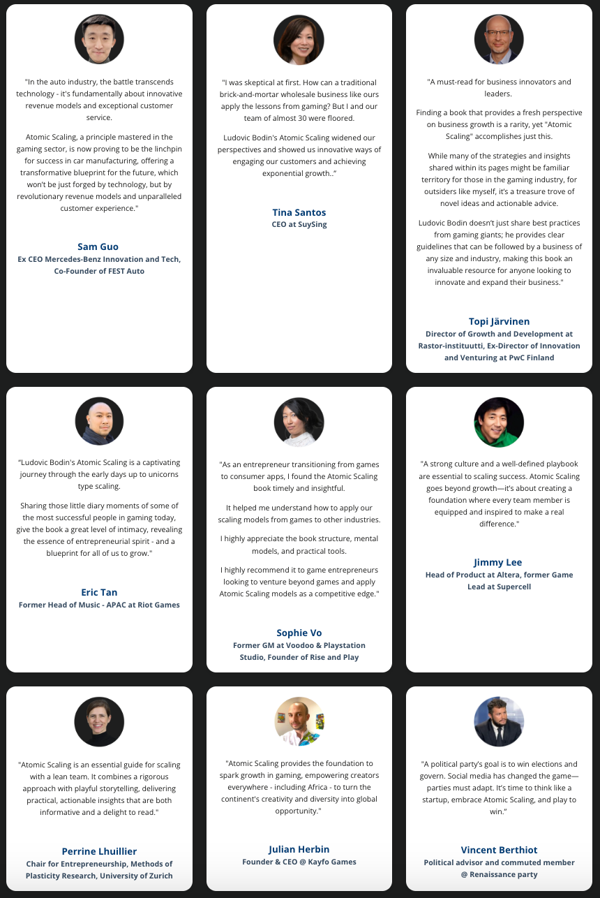 Endorsements from Sam Guo (Mercedes-Benz), Tina Santos (SuySing), Topi Jarvinen (PwC Finland), Eric Tan (Riot Games), Sophie Vo (Voodoo), Jimmy Lee (Altera), Perrine Lhuillier (University of Zurich), Julian Herbin (Kayfo Games) and Vincent Berthiot