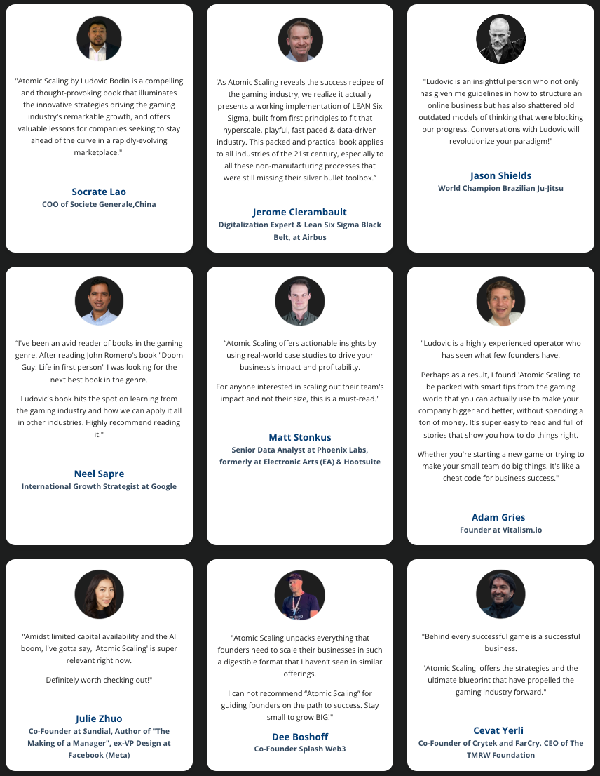 Endorsements from Socrate Lao (Societe Generale China), Jerome Clerambault (Airbus), Jason Shields, Neel Sapre (Google), Matt Stonkus (Phoenix Labs), Adam Gries (Vitalism.io), Julie Zhuo (Sundial), Dee Boshoff (Splash Web3) and Cevat Yerli (Crytek)